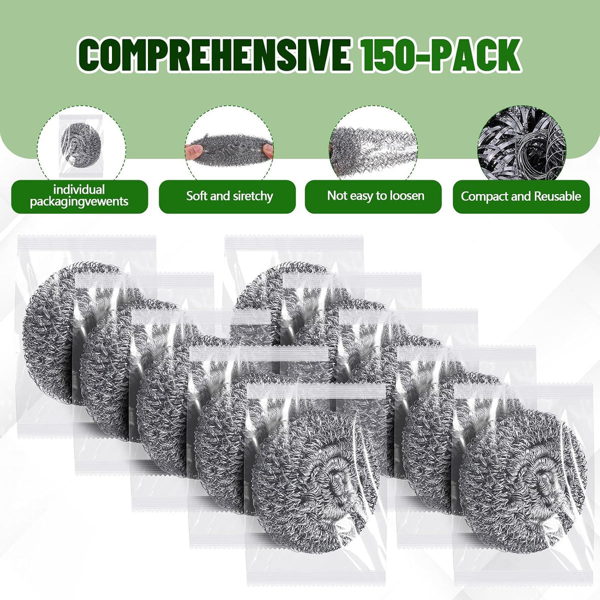 Honeydak 150 Pack Steel Wool Scrubbers 2.5 Inch, 15 Gram, Classic