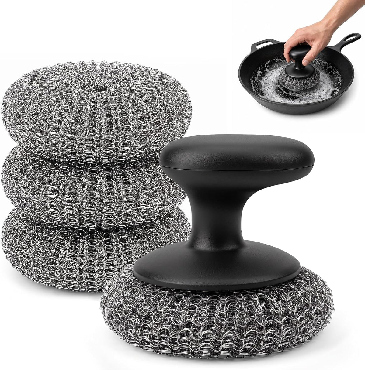 Steel Wool Scrubber, Stainless Steel Scrubber Pads with Handle 4PCS