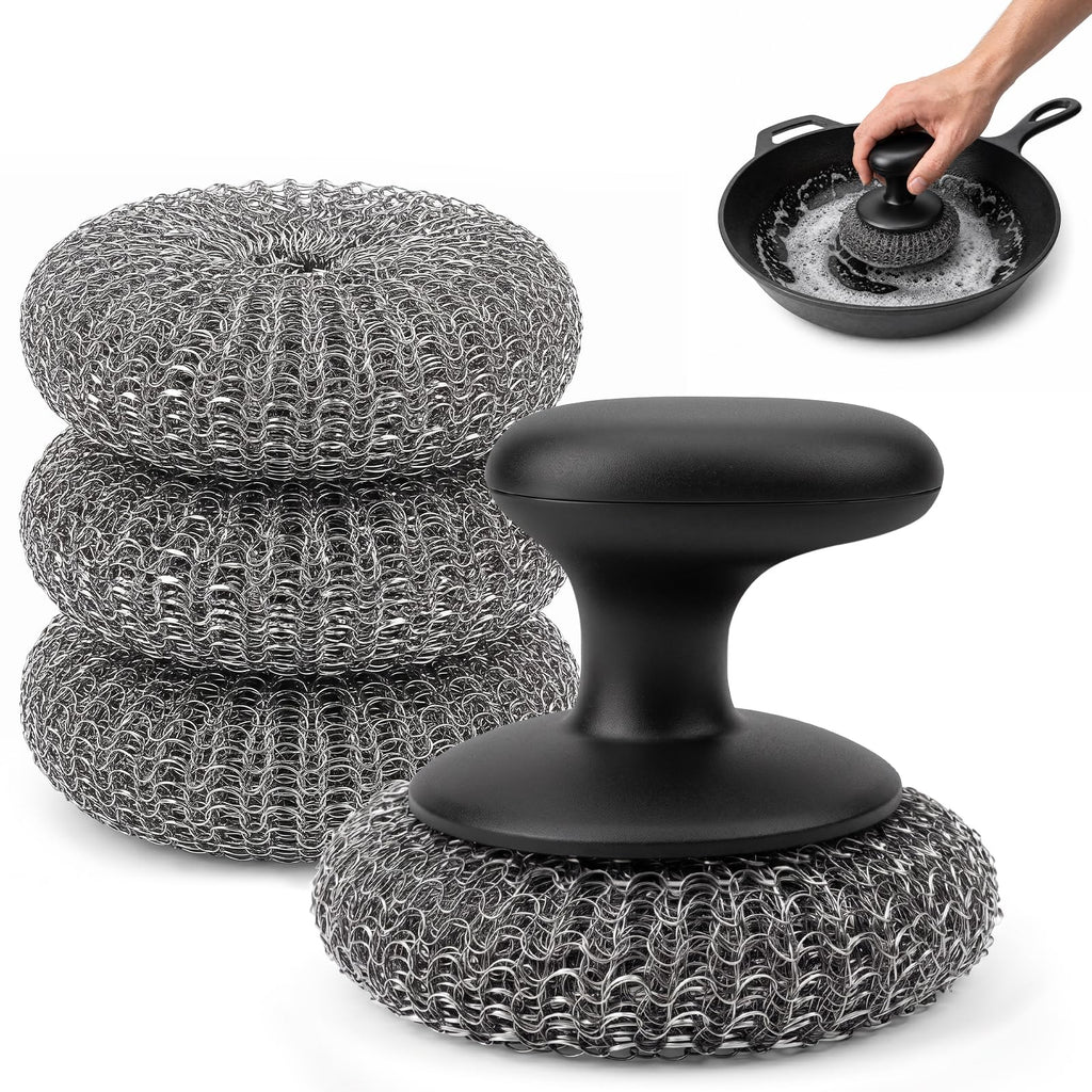 Steel Wool Scrubber, Stainless Steel Scrubber Pads with Handle 4PCS