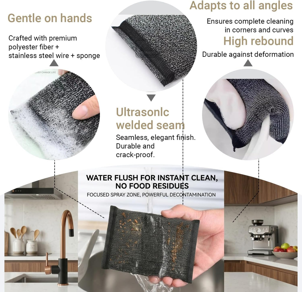 6 Pack Heavy Duty Steel Wool Scrubber Sponges, Stainless Steel Scrubbing Sponge for Pots, Pans & Grills, Multi-Surface Kitchen Dish Scrubber for Cast Iron & Griddle, Black