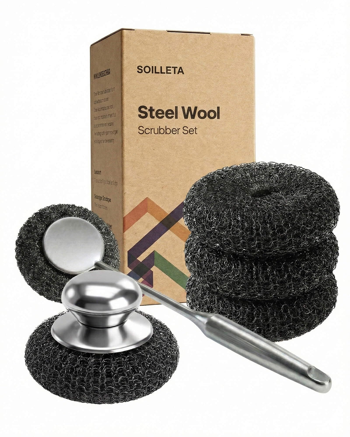 8 Pcs Steel Wool Scrubbers with 2 Pcs Handle,Stainless Steel Scouring Pads for Cast Iron Skillets, Grill & Kitchen Pots - Rust Resistant, Non-Splintering Heavy Duty for Tough Grease