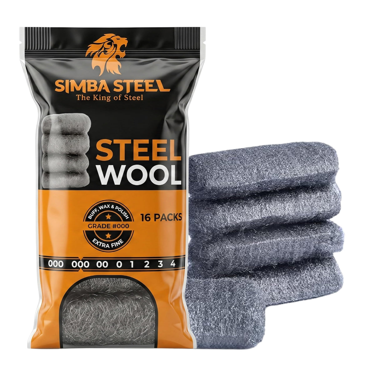 Steel Wool Grade 0000 - Finest Grade - 16 Steel Wool Pads – Steel Wool Scrubber for Cleaning & Rust Removal, Glass & Wood Buffing, Steel Scratch Remover, Mice & Rodents