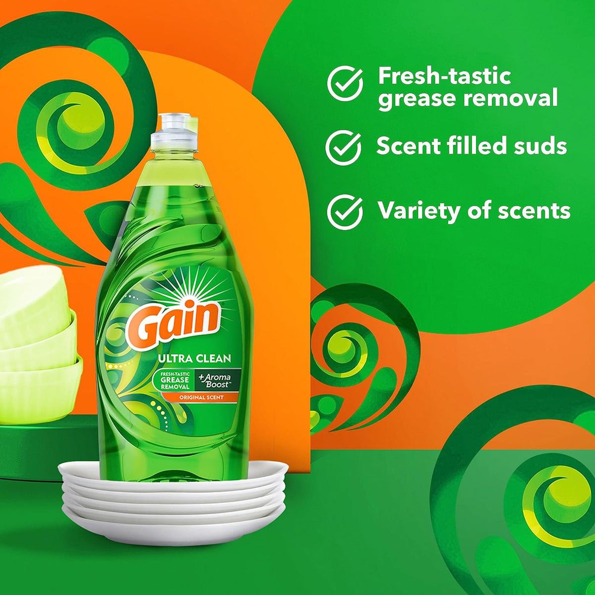 Gain Ultra Liquid Dish Soap, Dishwashing Liquid, Grease Removal, Original Scent, 38 Fl Oz (Pack of 1)