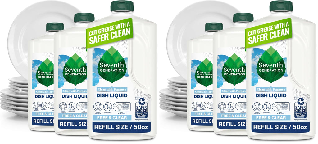 Seventh Generation Dish Soap Refill, Free & Clear, 50 fl oz, 3 Pack, Plant-Based Dishwashing Liquid for Grease & Tough Food Messes, For Sensitive Skin