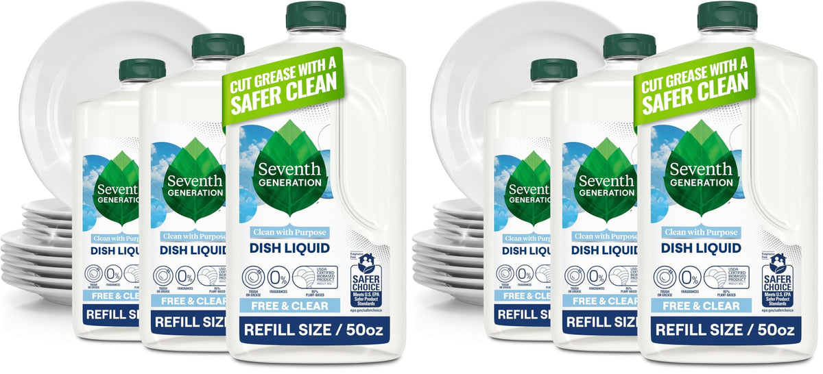 Seventh Generation Dish Soap Refill, Free & Clear, 50 fl oz, 3 Pack, Plant-Based Dishwashing Liquid for Grease & Tough Food Messes, For Sensitive Skin