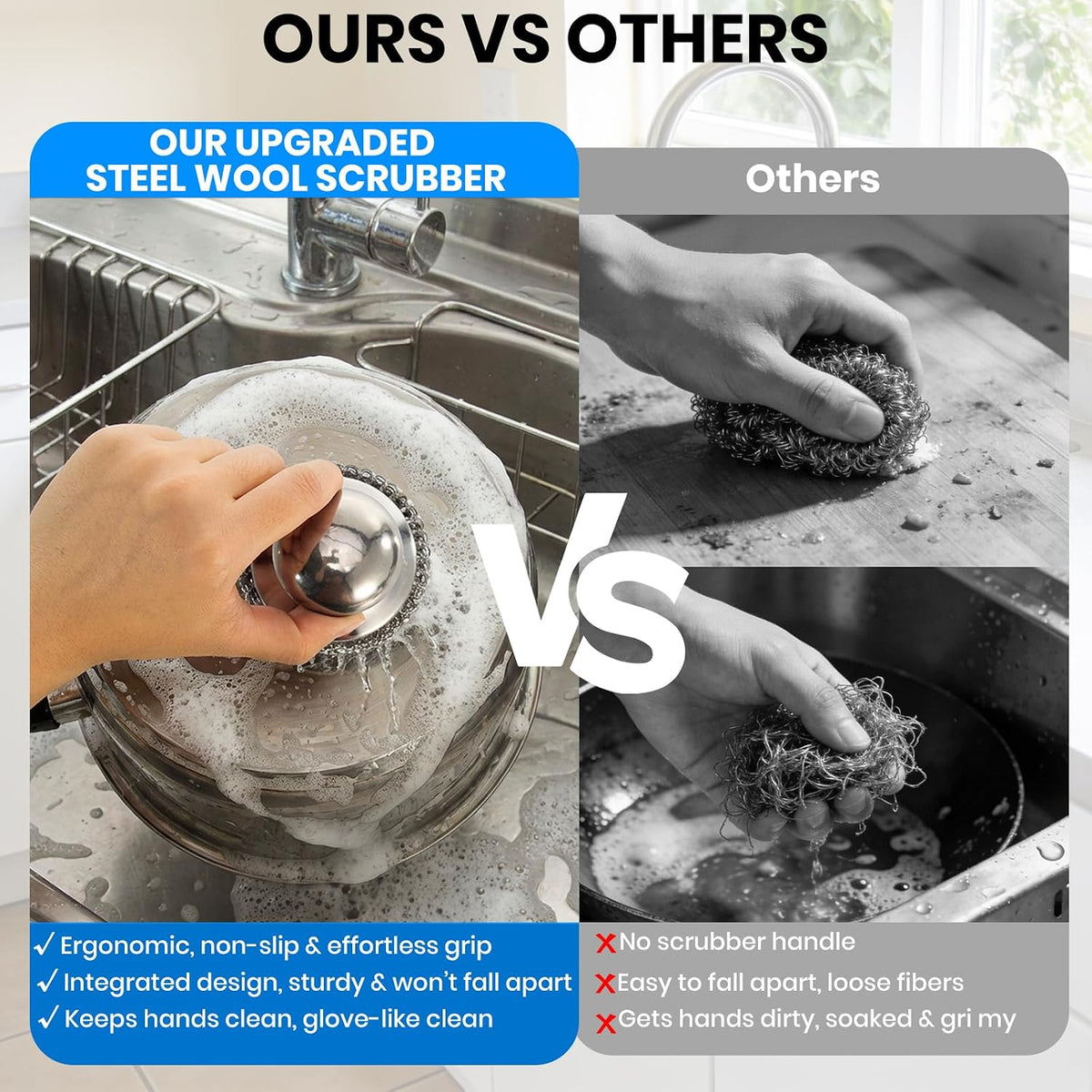 12PCS Steel Wool Scrubber，Steel Wool Pads with 2Pcs Handle,Stainless Steel Scrubber for Cast Iron Scrubber and Pot Scrubber for Kitchen Cast Iron, Kitchen Pots, Pans, Grill, Stoves, Sink