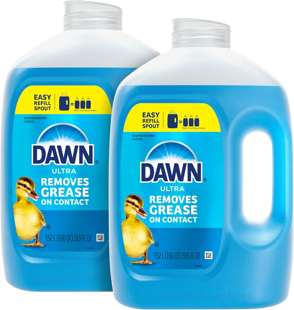 Dawn Ultra Original Dish Soap Refill Jug Large Size Blue Liquid Dishwashing Detergent, Powerful Soap for Grease, 51.5oz (Pack of 2)