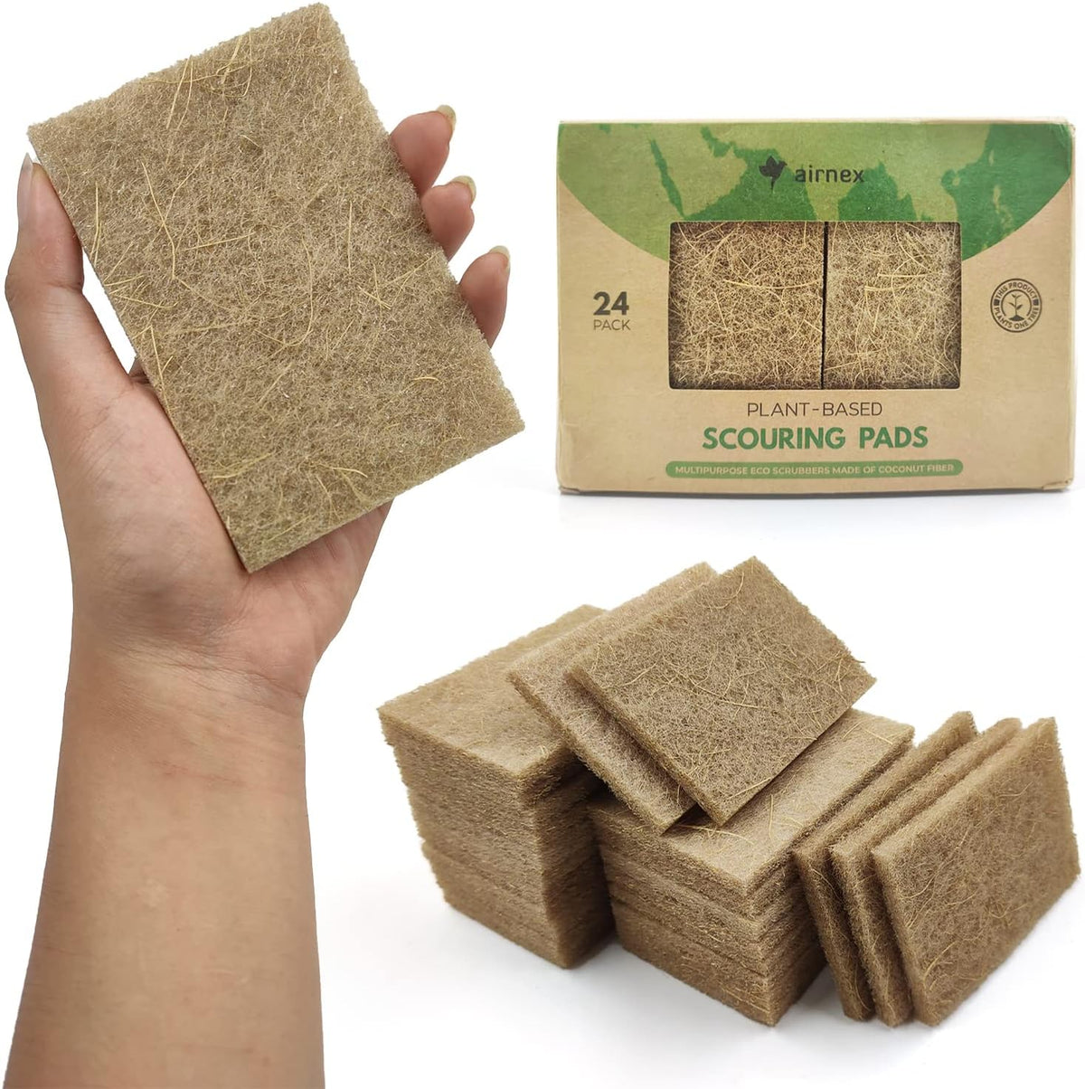 AIRNEX Plant-Based Scouring Pads for Dishes - Coconut Husk Non Scratch Scrub Pads - Natural Kitchen Scrubbing Pads for Pots & Pans - Eco Friendly & Non Abrasive Dish Scrubber Pads - Pack of 24