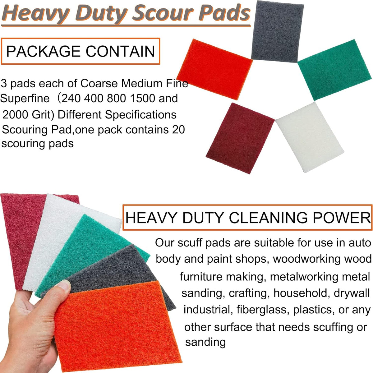 Tonmp 15 Pack 6 x 9 Inch Hand Pads Coarse Medium Fine Superfine 5 Different Specifications Assortment General Purpose Scouring Pad Ideal for Garden Tools and Grills,Automotive Body Tools
