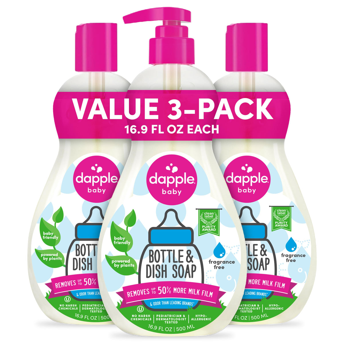 Dapple Baby - Fragrance Free Bottle & Dish Soap - 16.9 fl oz (3 Pack)