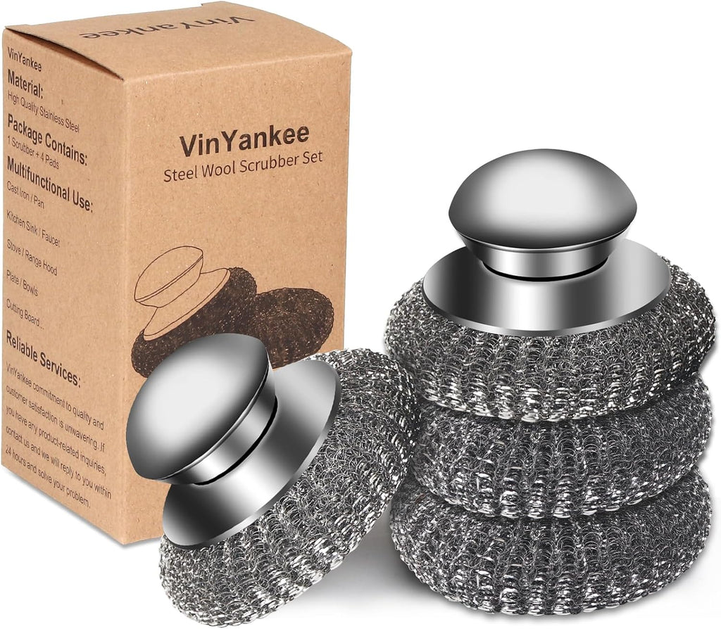 4pcs Steel Wool Scrubber with Replacement Wire Sponge Pads, Steel Scrubber