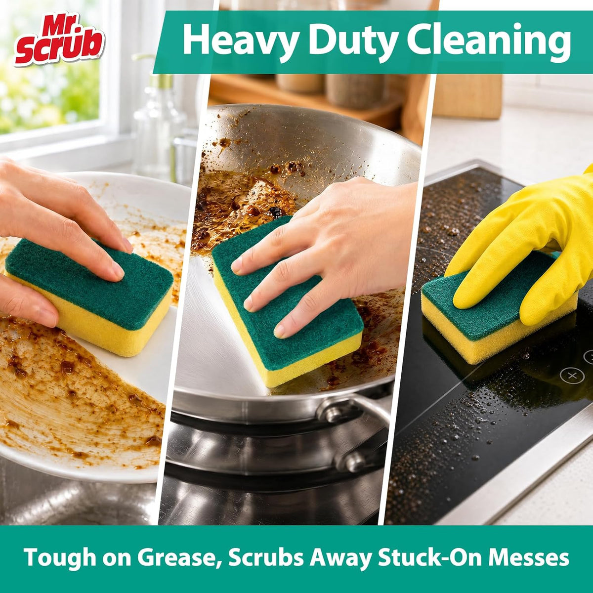 Mr. Scrub Sponges Kitchen Scrub Dish Sponge Scouring Pad, 12 Pack Cleaning Brush Scrubber Supplies for Soap, Dishwashing Dinnerware Sets Pan Pot Towels Cloth Rags Holder Glass Dishwasher Sink Bathroom