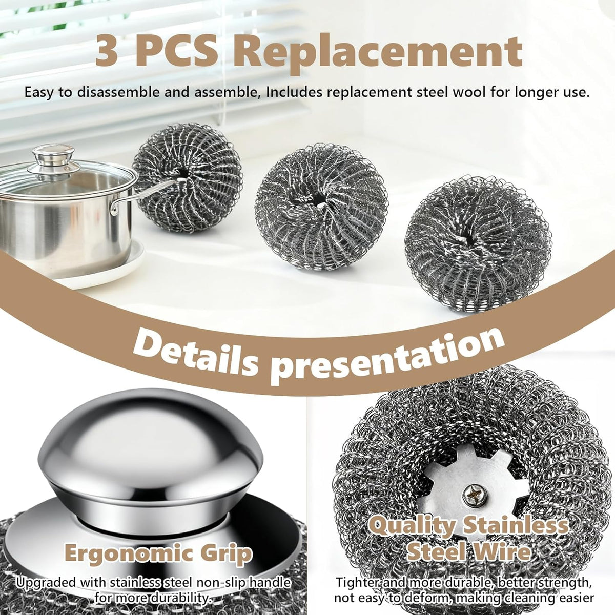 Steel Wool Scrubber, 4-Pack Stainless Steel Scrubber Pads with Handle - The Ultimate Scouring Solution for Rust, Stubborn Messes on Cookware, Grill, Oven & Kitchen Sinks