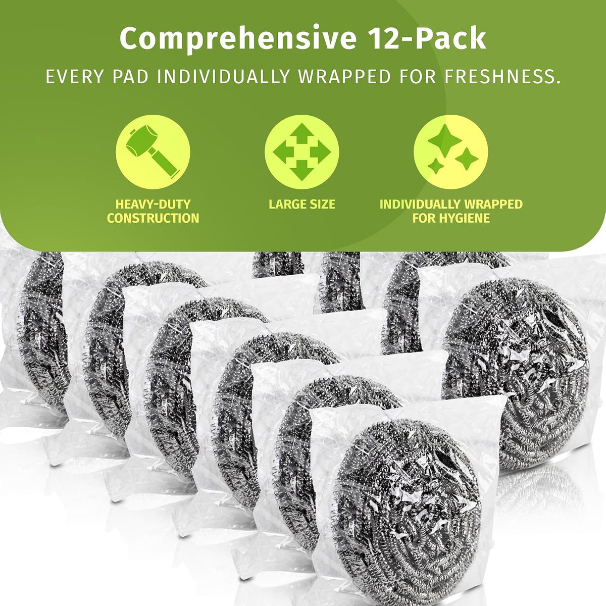 VELORA Stainless Steel Cleaner Scouring Pads [12 Pack] - Industrial & Commercial Strength Large Cleaning Supplies Dish Sponge - Individually Wrapped 30 Gram