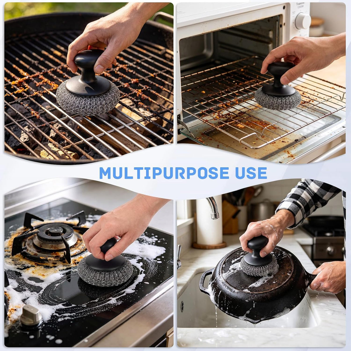 Steel Wool Scrubber, Stainless Steel Scrubber Pads with Handle 4PCS