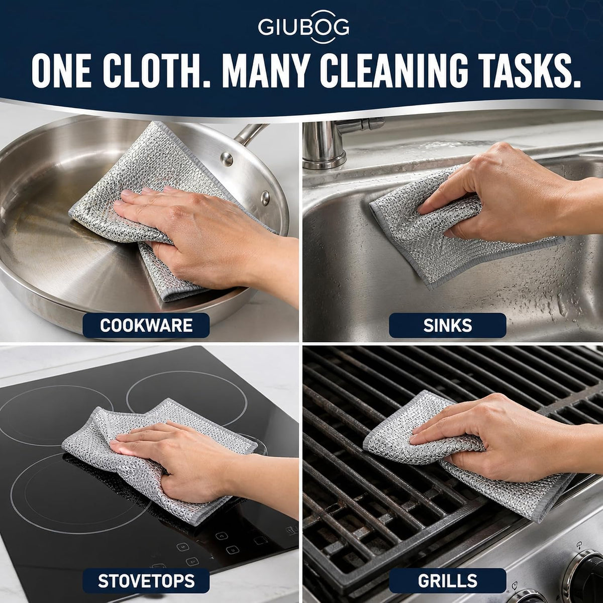 6 Pack Non Scratch Wire Dishcloth, 3-Layer Silver Wire Cleaning Cloths, Reusable Dish Rags for Washing Dishes, Pots, Pans, Cookware, Sinks and Stove Tops, 7.8 x 7.8 Inch