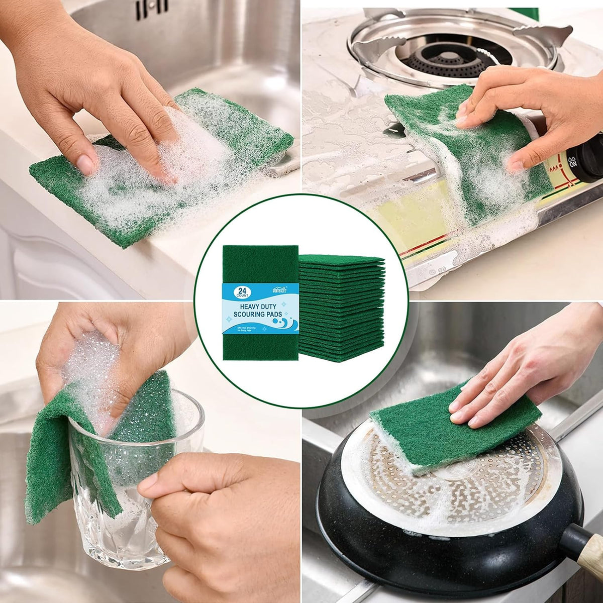 HOMEXCEL Heavy Duty Scouring Pads, 24 Pack Green Scrub Pads for Cleaning