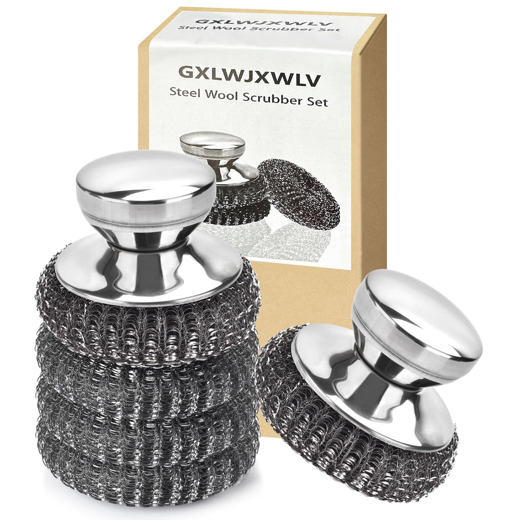 5PCS Stainless Steel Scrubber Pads, with 2Pcs Handle