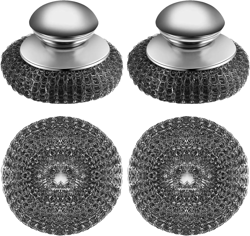 4-Pack Replaceable Steel Wool Scrubber with 2 Handles & 2 Brush Heads, Powerful Stainless Steel Cleaner for Pots, Pans, Grill, Stove Top - Remove Burnt Grease & Stubborn Grime