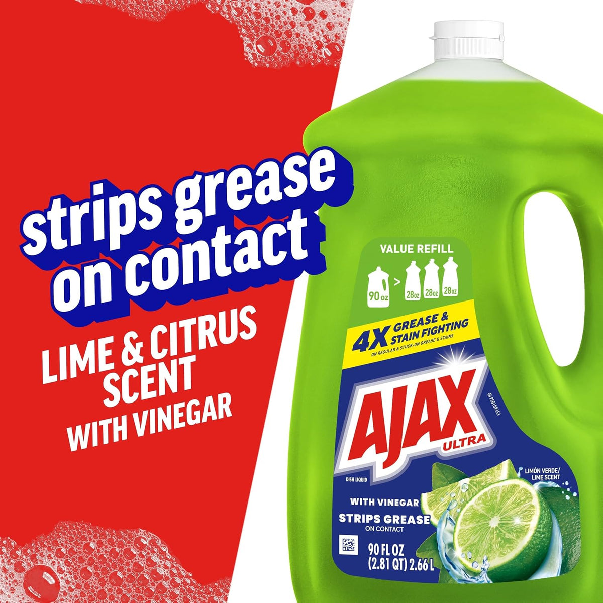 Ajax Ultra Liquid Dish Soap, Lime Scent with Vinegar, 90 fl oz