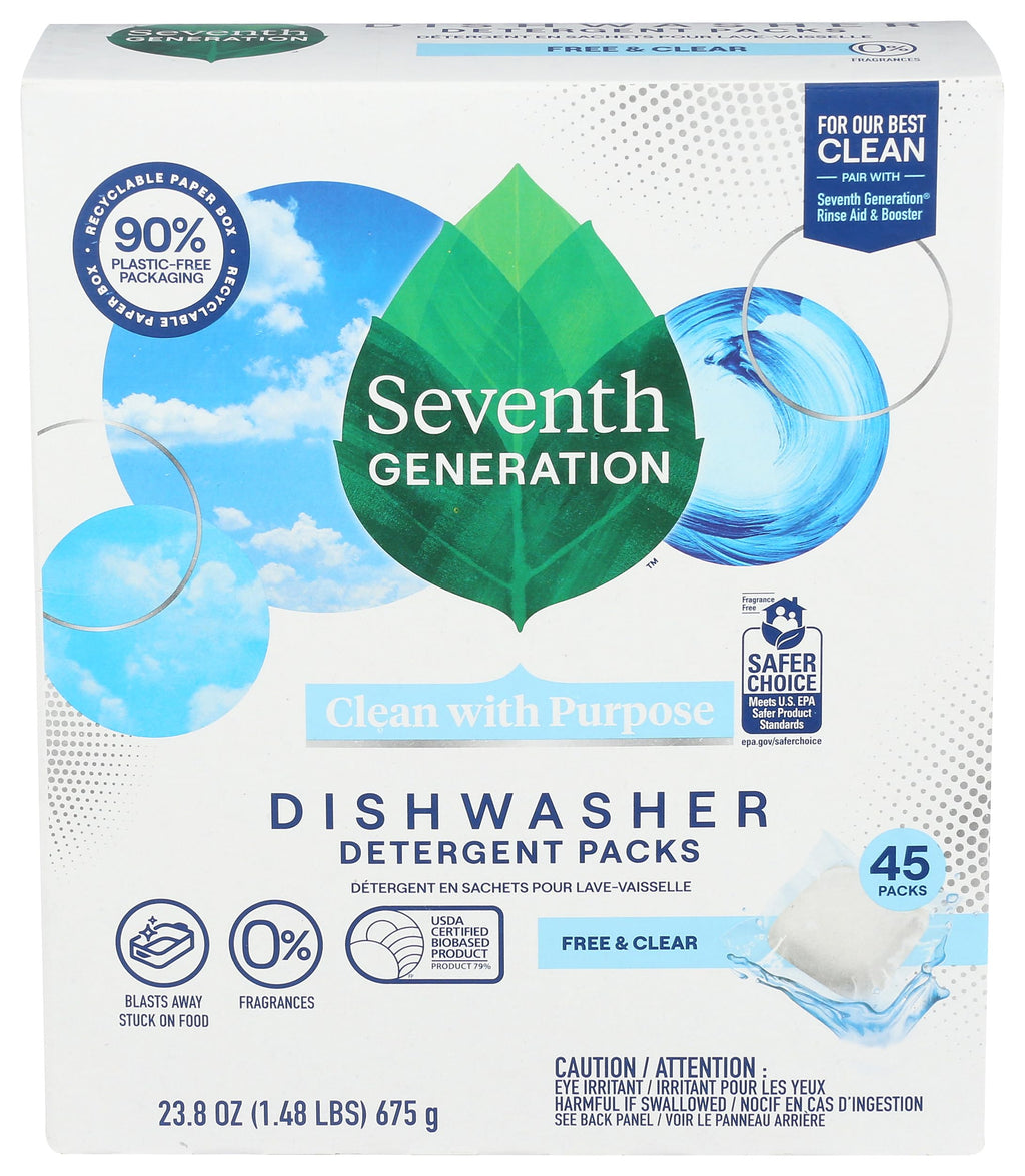 Seventh Generation Free & Clear Dishwasher Detergent Packs, 72 Count