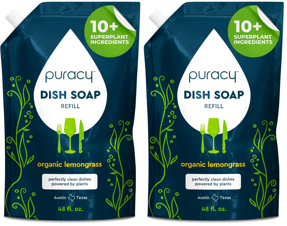 Puracy Natural Dish Soap Refill - Skin-Softening Plant-Based Liquid Dishwashing Detergent Soap, Clean-Rinsing Water-Sheeting Formula (Green Tea & Lime, 48 fl oz)