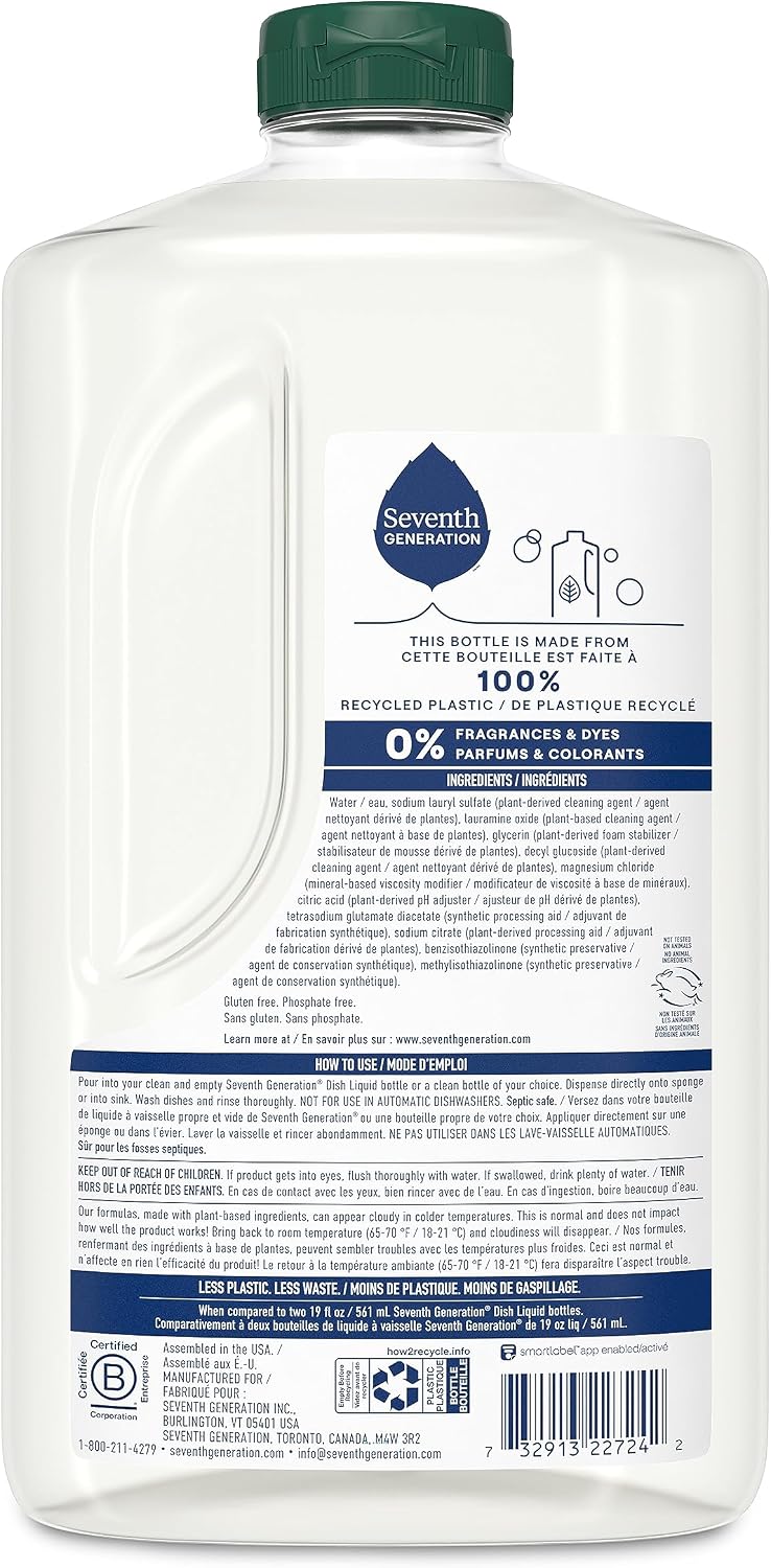Seventh Generation Dish Soap Refill, Free & Clear, 50 fl oz, 3 Pack, Plant-Based Dishwashing Liquid for Grease & Tough Food Messes, For Sensitive Skin