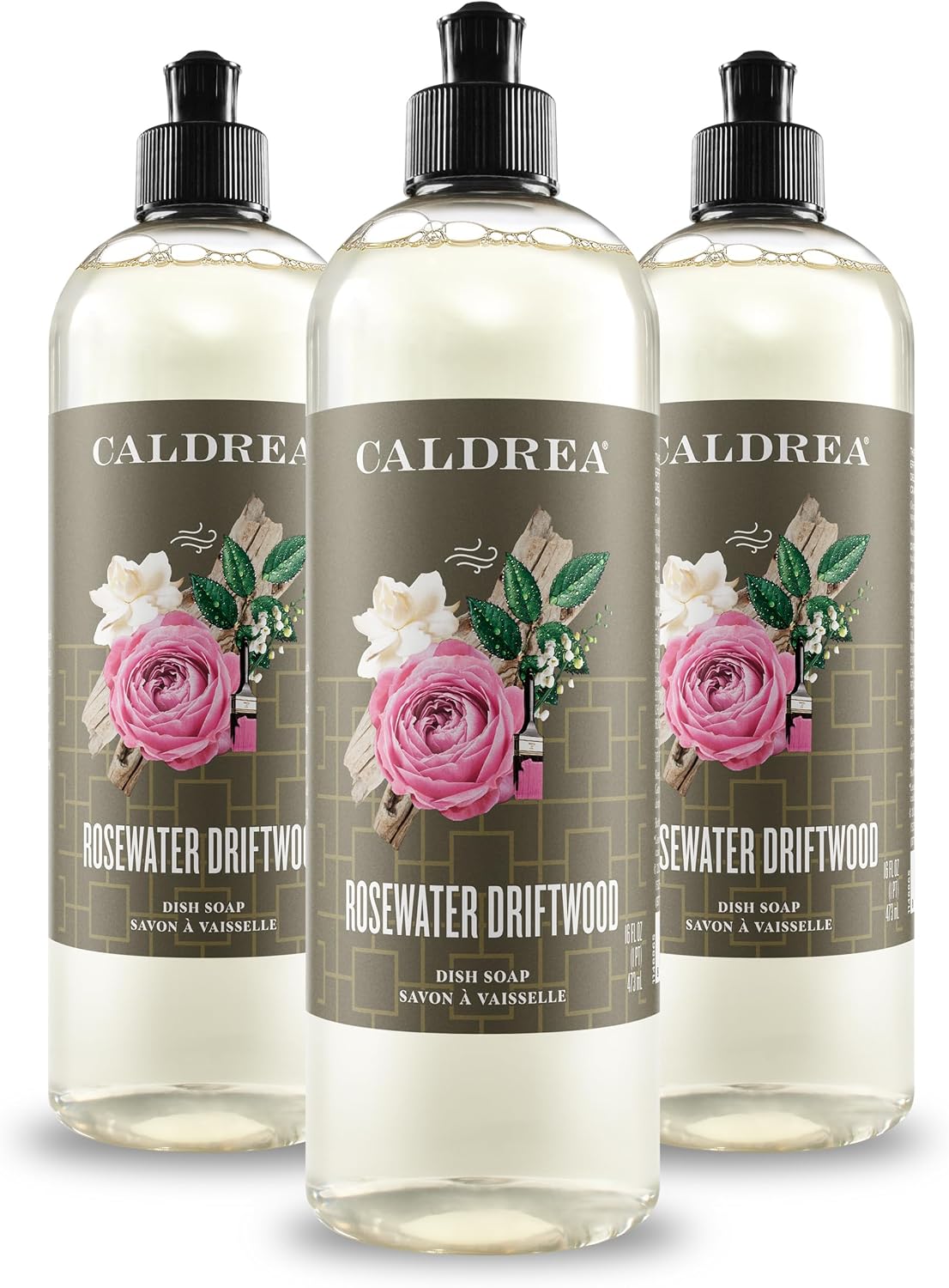 Caldrea Dish Soap, Biodegradable Dishwashing Liquid made with Soap Bark and Aloe Vera, Rosewater Driftwood, 16 oz , 3 Pack