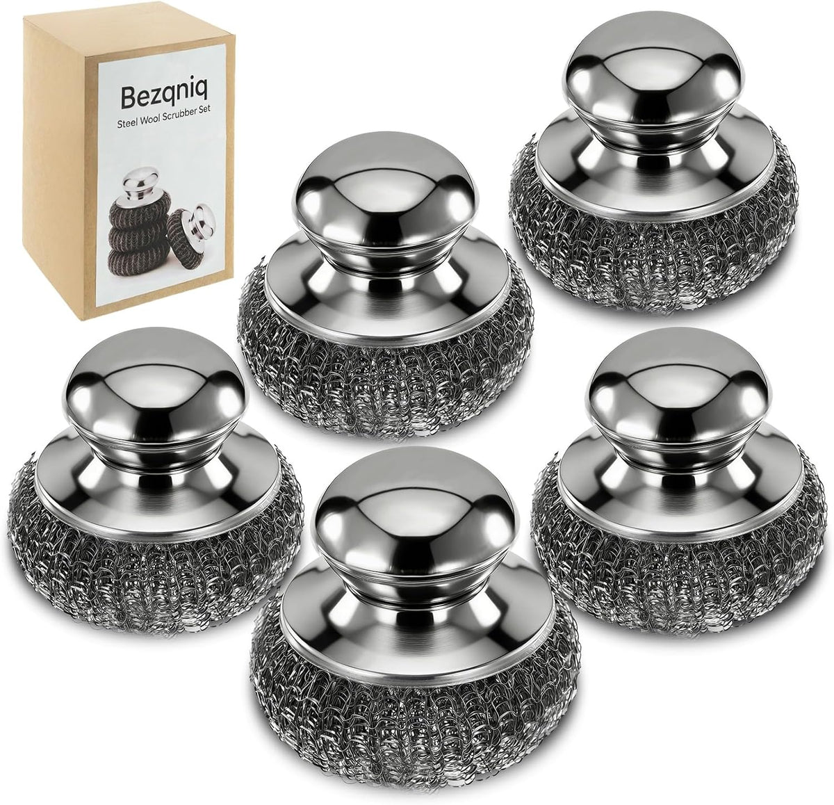 Steel Wool Scrubber with Handle, Stainless Steel, 5 Pack, for Cast Iron, Pots, Pans, Grill, Stoves, Sink (Sliver, M)