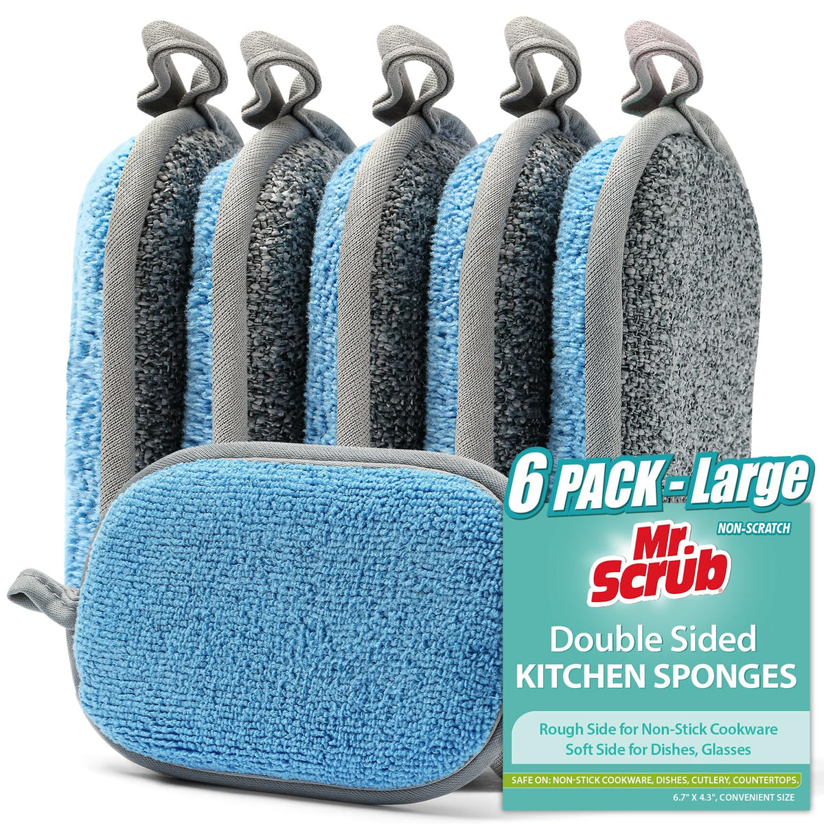 Sponges Kitchen Dish Sponge for Washing Dishes Cleaning Kitchen, All-Purpose, 6 Pack, Non Scratch, Rough Scrubbers Side for Non-Stick Cookware, Soft Microfiber Scrub Side for Dishes, Mr. Scrub