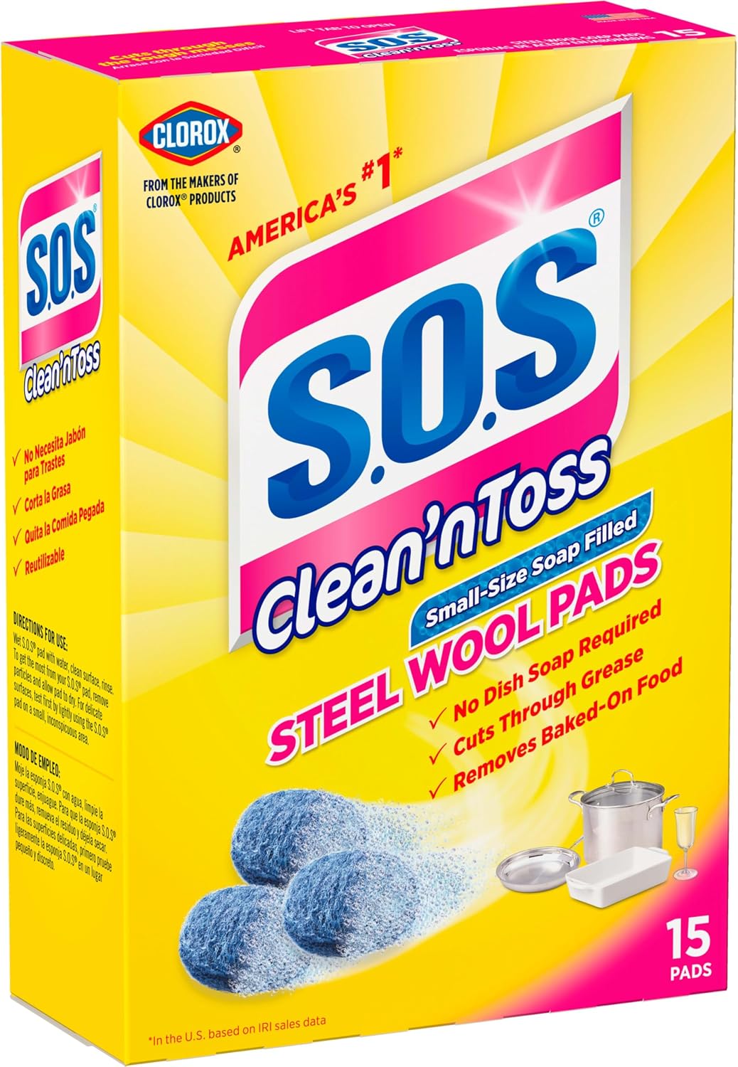 S.O.S Clean ‘n Toss Steel Wool Soap Pads, 15 Count, Pack of 6