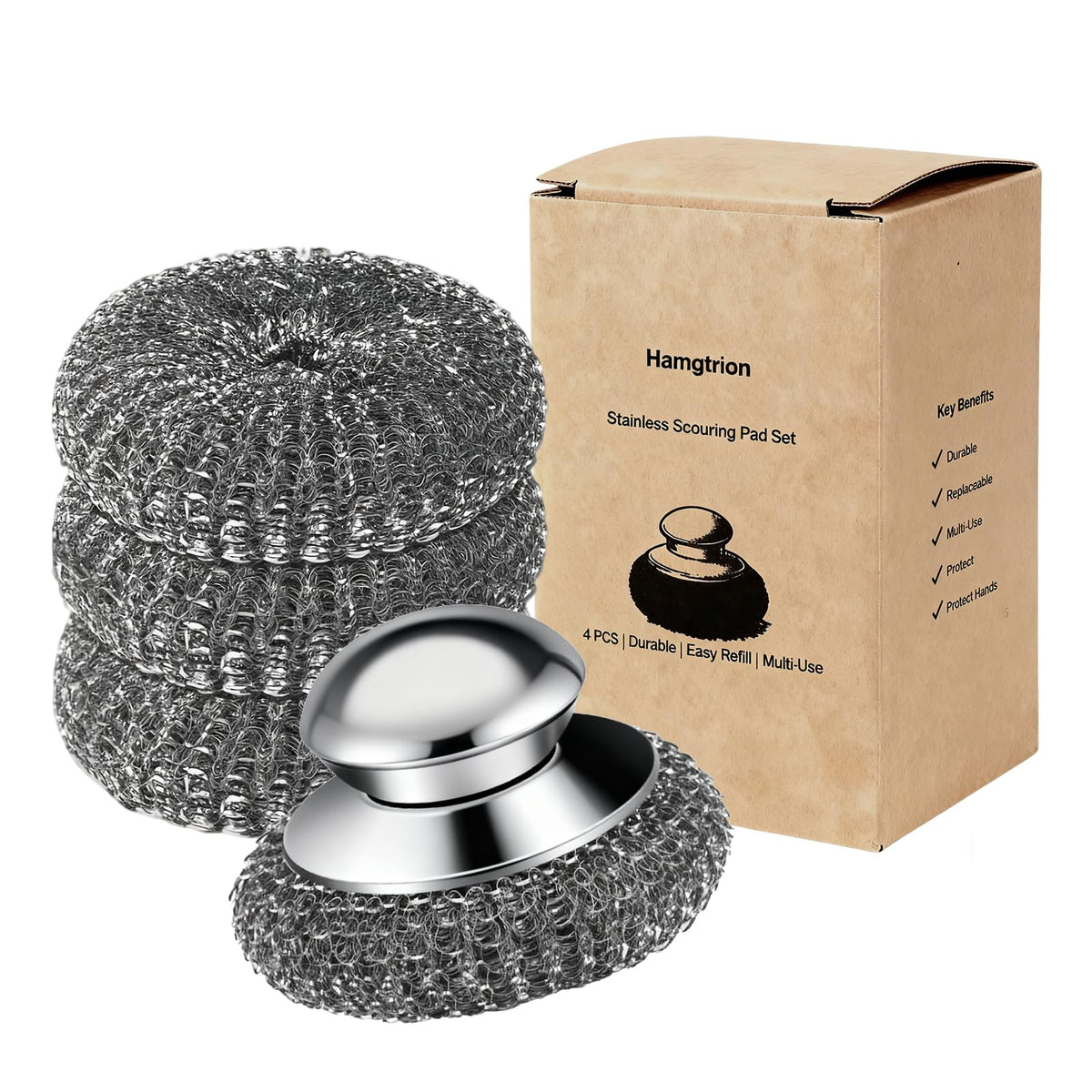 Steel Wool Scrubber, 10-Pack Stainless Steel Scrubber Pads with Handle - The Ultimate Scouring Solution for Rust, Stubborn Messes on Cookware, Grill, Oven & Kitchen Sinks