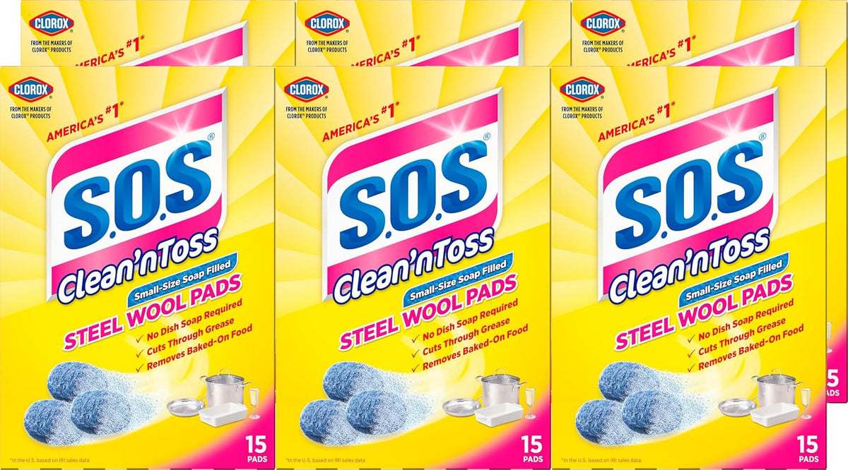 S.O.S Clean ‘n Toss Steel Wool Soap Pads, 15 Count, Pack of 6