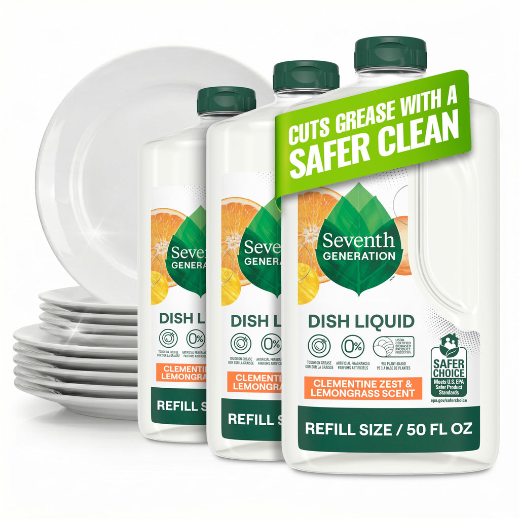 Seventh Generation Dish Soap Refill, Free & Clear, 50 fl oz, 3 Pack, Plant-Based Dishwashing Liquid for Grease & Tough Food Messes, For Sensitive Skin
