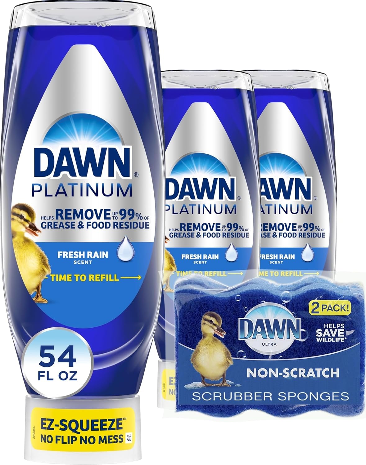 Dawn Dish Soap Squeeze Bottle, EZ-Squeeze Platinum Dish Soap Liquid+Non-Scratch Sponges for Dishes, Fresh Rain, Includes 3x18oz Bottles+2 Sponges
