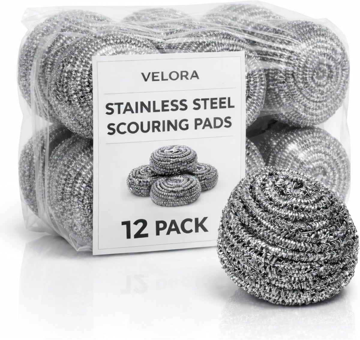 VELORA Stainless Steel Cleaner Scouring Pads [12 Pack] - Industrial & Commercial Strength Large Cleaning Supplies Dish Sponge - Individually Wrapped 30 Gram