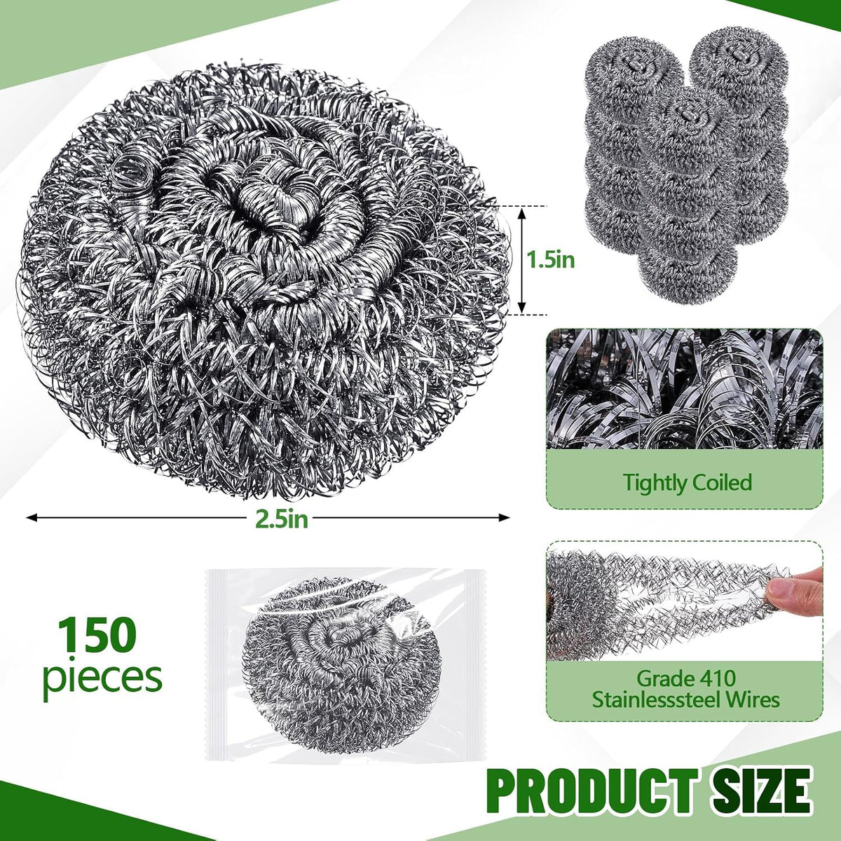 Honeydak 150 Pack Steel Wool Scrubbers 2.5 Inch, 15 Gram, Classic