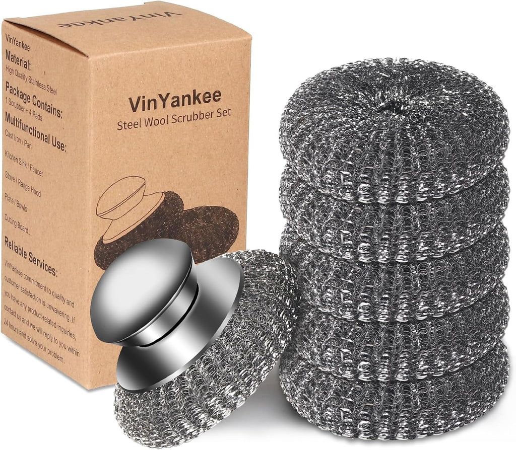 6pcs Steel Wool Scrubber with Wire Sponge Pads, Stainless Steel Scrubber