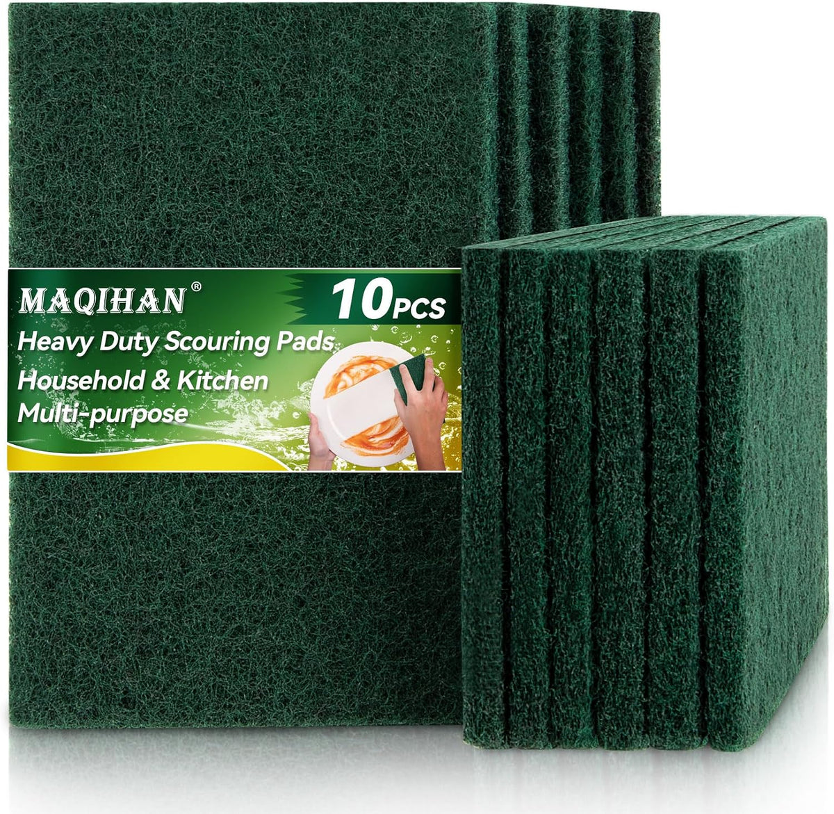 MAQIHAN Heavy Duty Scouring Pad - 10PCS Green Scrubbing Pads for Cleaning