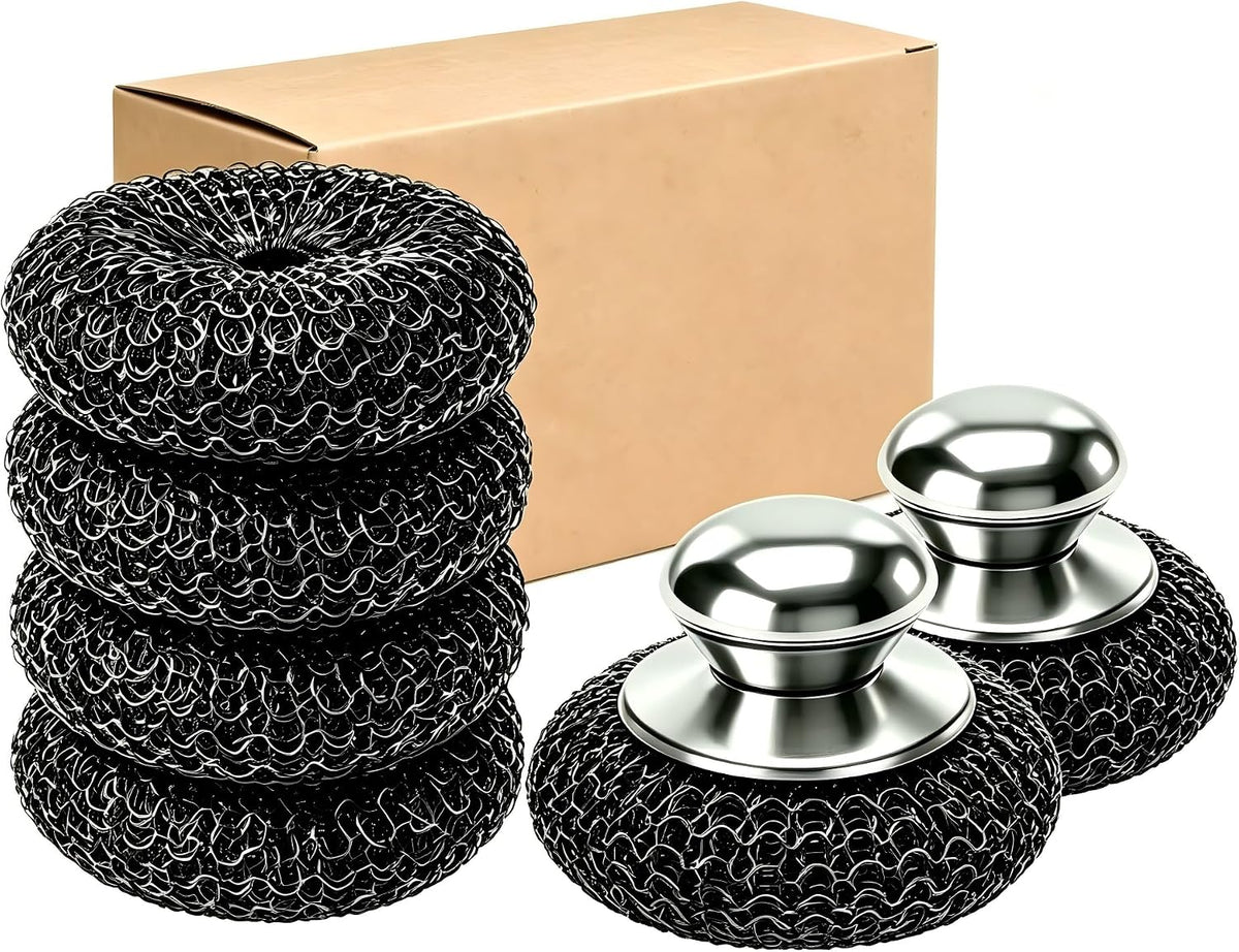 6Pcs Steel Wool Scrubber, Stainless Steel Scouring Pads with 2pcs Handle, Ultimate Cleaning Solution for Dishes, Kitchen Cleaning, Stoves, Pots and Pans, Grill, Wash Sink, Cleaning Dishes