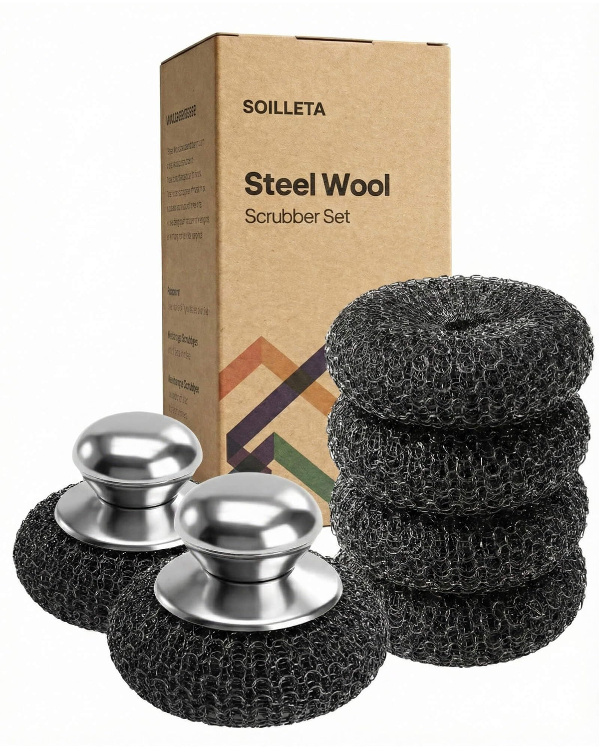 8 Pcs Steel Wool Scrubbers with 2 Pcs Handle,Stainless Steel Scouring Pads for Cast Iron Skillets, Grill & Kitchen Pots - Rust Resistant, Non-Splintering Heavy Duty for Tough Grease