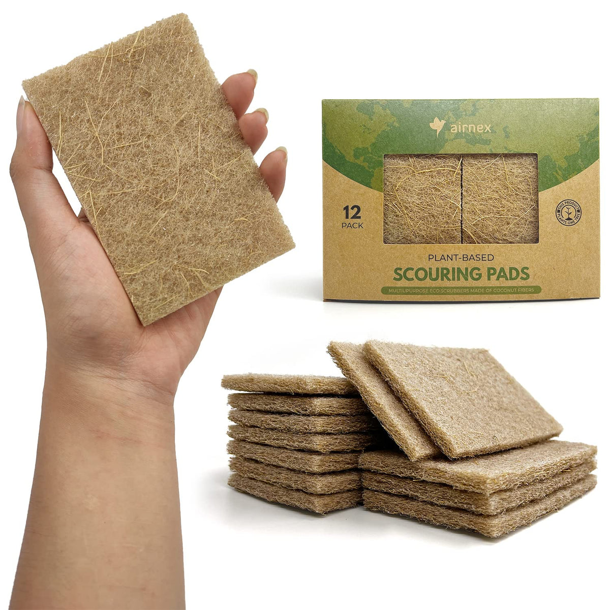 AIRNEX Plant-Based Scouring Pads for Dishes - Coconut Husk Non Scratch Scrub Pads - Natural Kitchen Scrubbing Pads for Pots & Pans - Eco Friendly & Non Abrasive Dish Scrubber Pads - Pack of 24