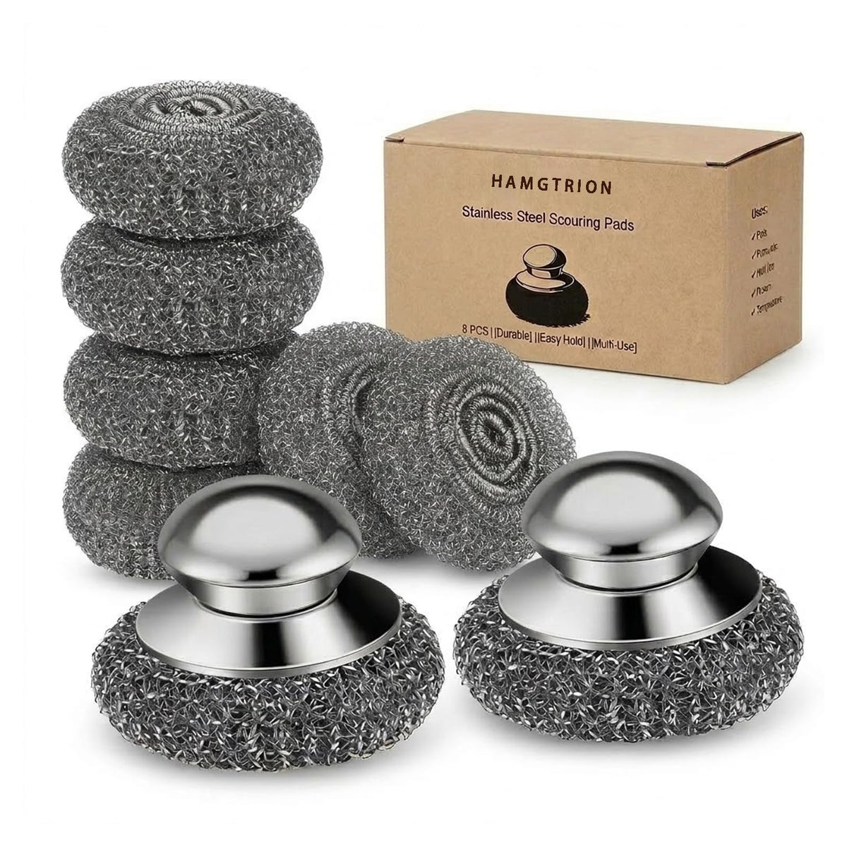 Steel Wool Scrubber, 4-Pack Stainless Steel Scrubber Pads with Handle - The Ultimate Scouring Solution for Rust, Stubborn Messes on Cookware, Grill, Oven & Kitchen Sinks