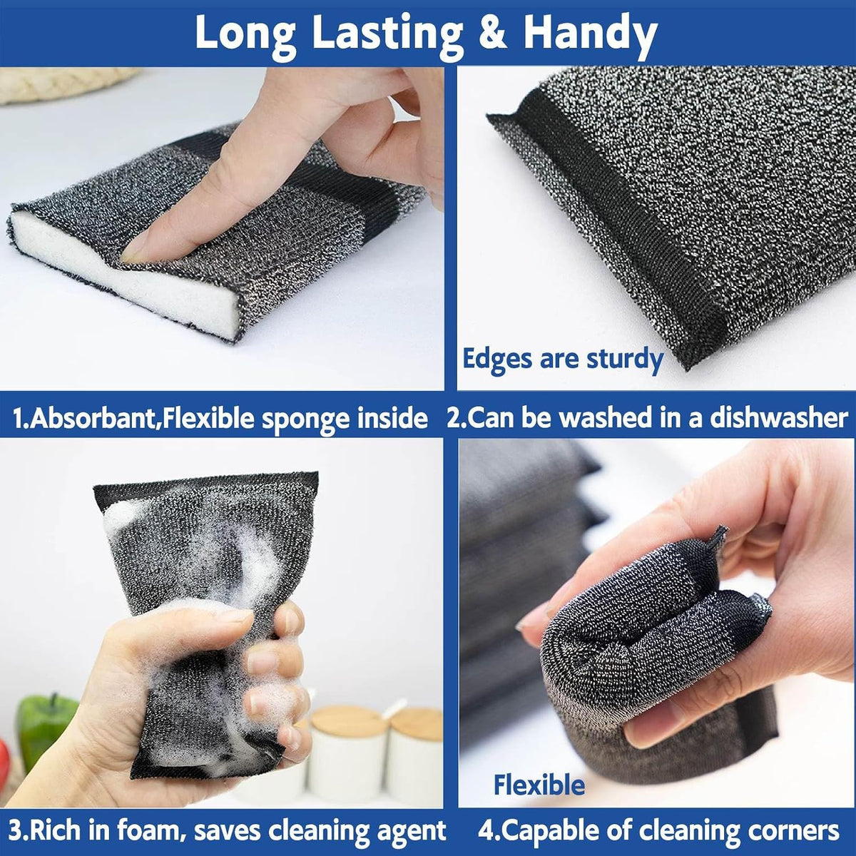 Kitchen Sponges for Dishes - Steel Wool Scrubber Sponges for Kitchen Heavy Duty Non-Scratch Scrubbing Cleaner (6 Pack)