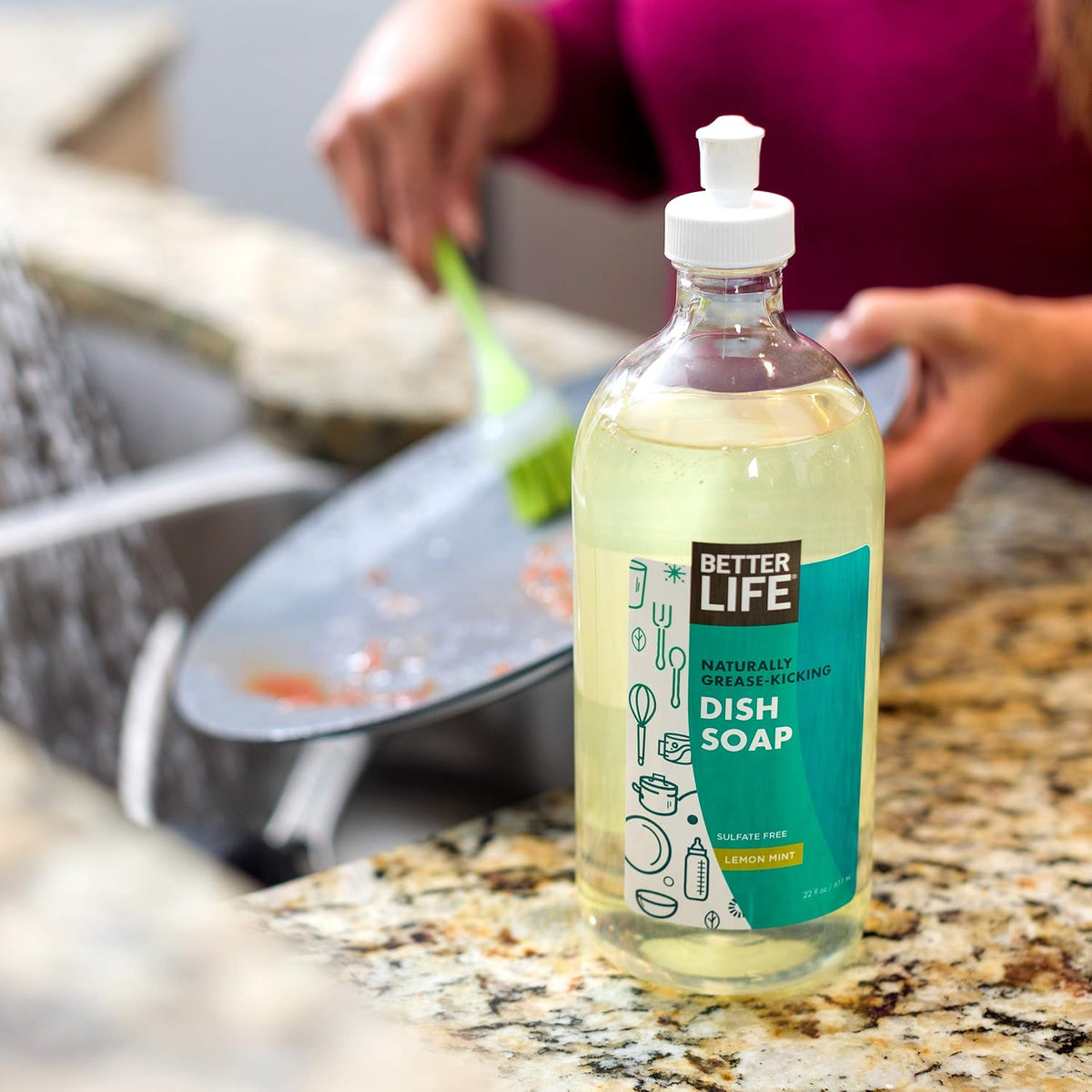 Better Life Dish Soap - Liquid Dishwashing Soap with Vitamin E and Aloe for Home & Kitchen Sink - No Gloves Required Kitchen Soap for Sensitive Skin - 22oz (Pack of 2) Lemon Mint