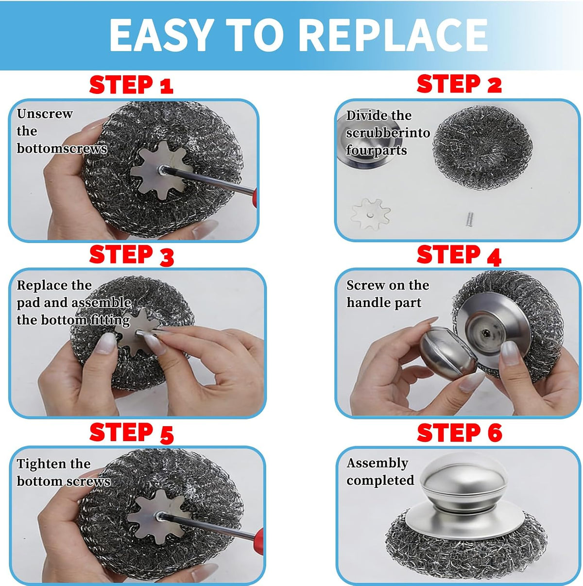 5 Pcs Steel Wool Scrubber Set with Handle, Stainless Steel Scouring Pads for Cast Iron Pans, Grill & Sink Cleaning (1 Scrubber + 4 Pads)