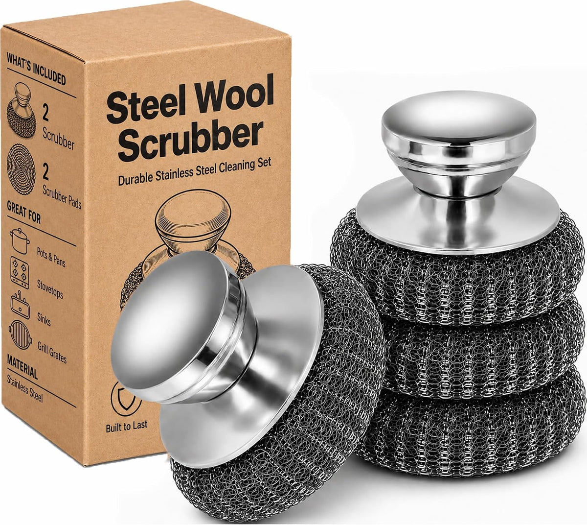 4Pcs Steel Wool Scrubber Set, Stainless Steel Scrubber with Stainless Steel Handle, for Cleaning Dishes, Cast Iron, Stock Pots, Pans, Griddles, Grills