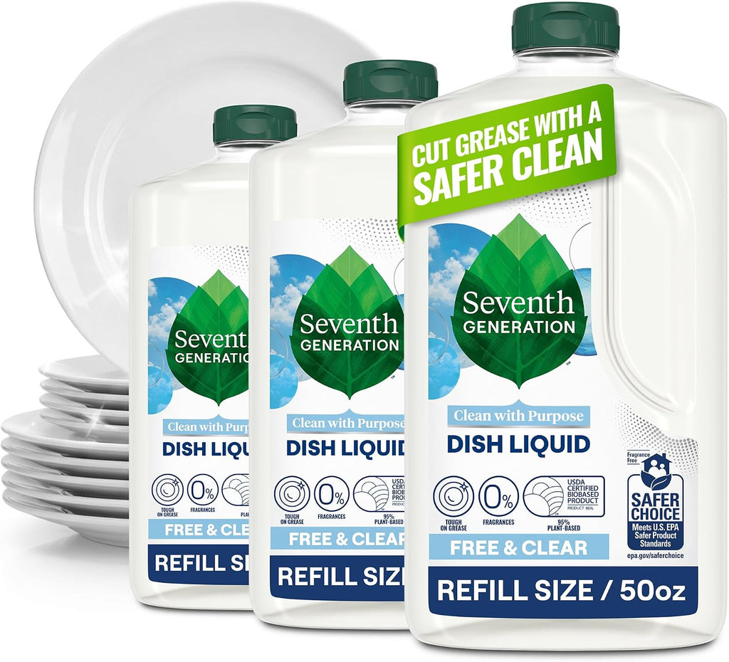 Seventh Generation Dish Soap Refill, Free & Clear, 50 fl oz, 3 Pack, Plant-Based Dishwashing Liquid for Grease & Tough Food Messes, For Sensitive Skin