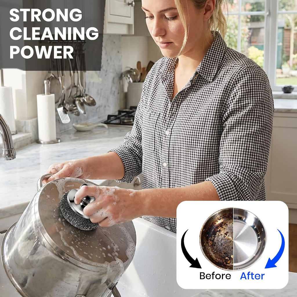Steel Wool Scrubber with Handle, Stainless Steel, 5 Pack, for Cast Iron, Pots, Pans, Grill, Stoves, Sink (Sliver, M)