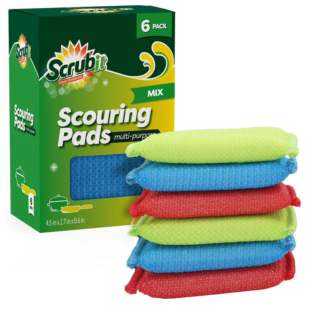 SCRUBIT Multi-Purpose Scouring Pad - Non-Scratch Cleaning Sponges for Pots, Pans, Dishes, Utensils & Non-Stick Cookware - Scrubbing Pads Use for Kitchen, Bathroom - 6 Pack Dish Sponge- (Red)